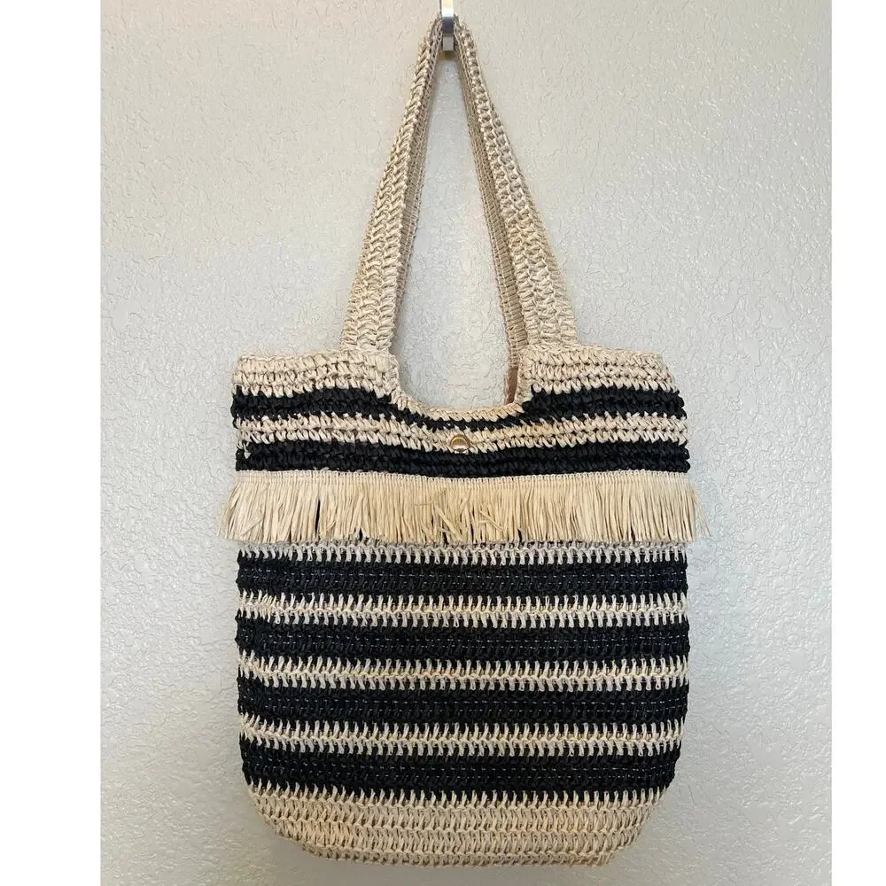 Boho Woven Fringe Shoulder Bag Beach Picnic Casual Bag Beige Black
